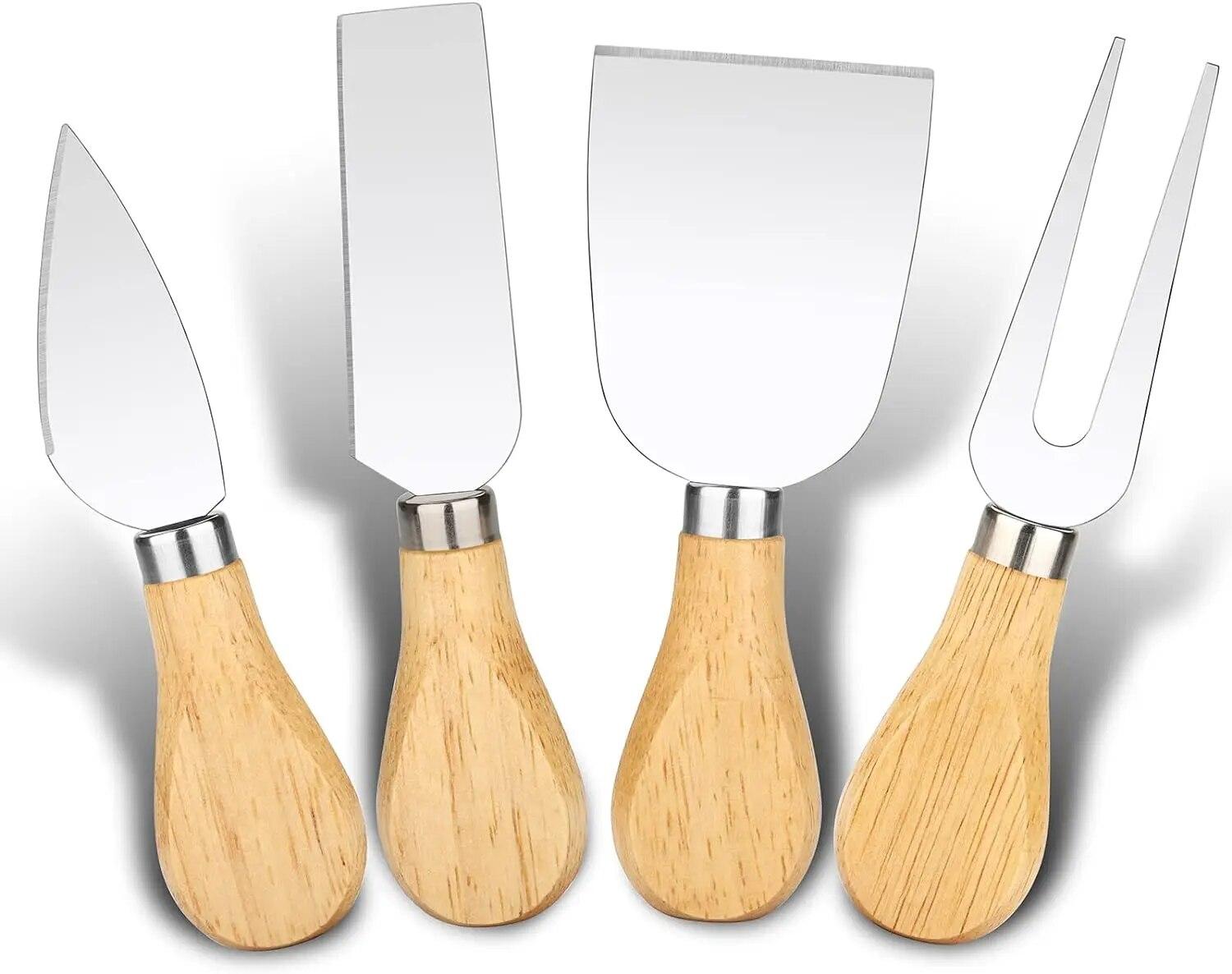 4 шт., резак для сыра, дубовый бамбуковый нож для сыра, деревянная ручка, нож для сыра, вилка, набор для сыра премиум-класса, кухонные аксессуары светло-серый