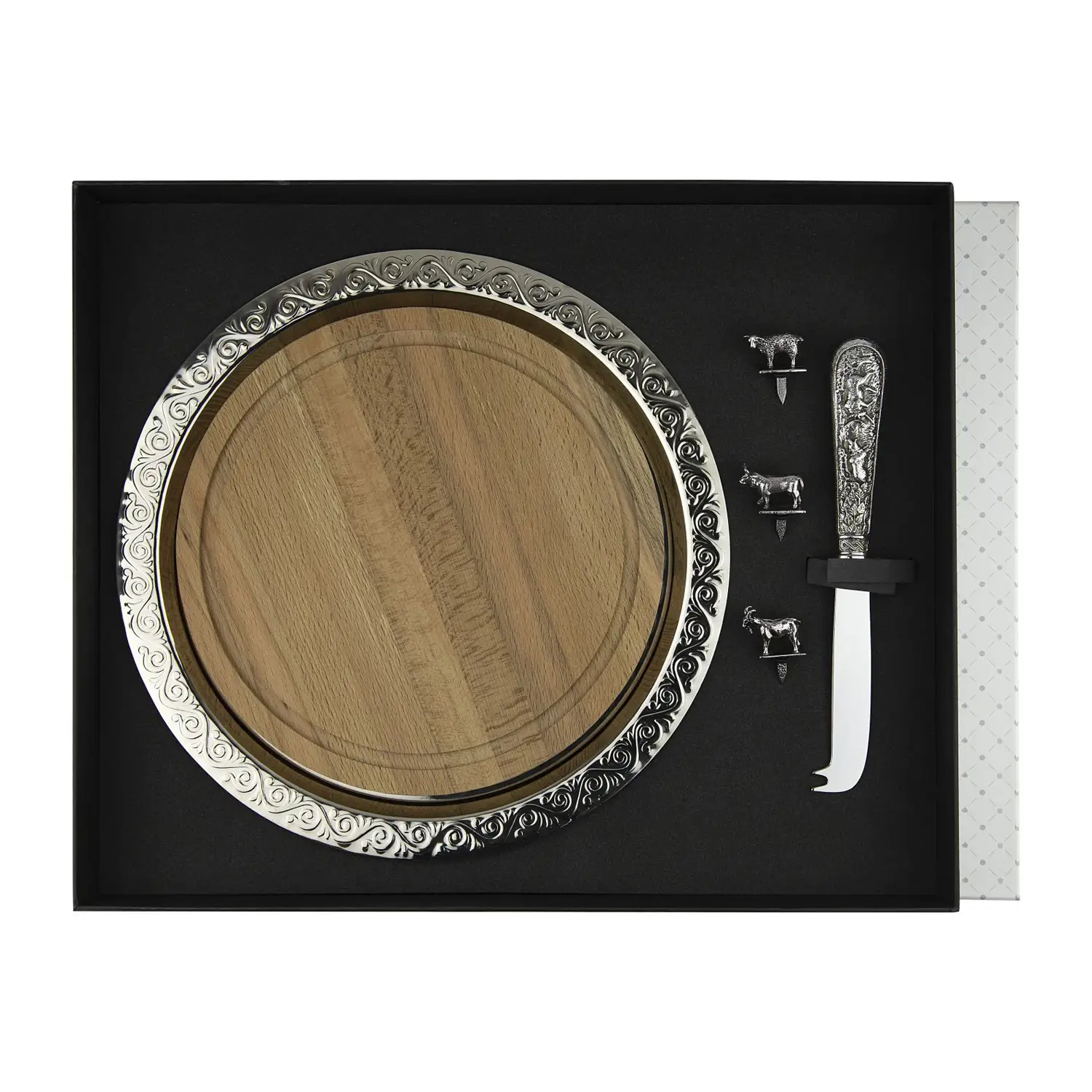 Набор для сыра "Охотничий": нож для сыра, поднос, шпажка посеребренный